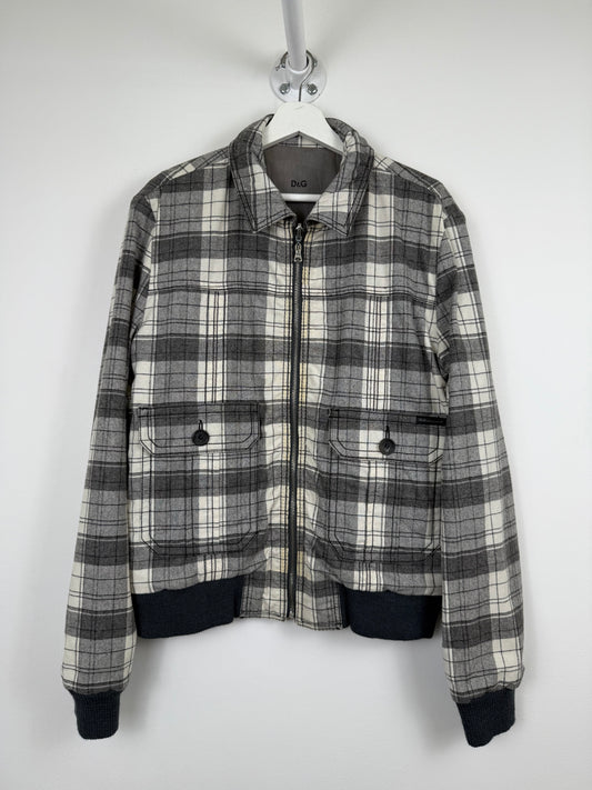 D&G Dolce & Gabbana Reversible Grey Leather & Checkered Wool Jacket