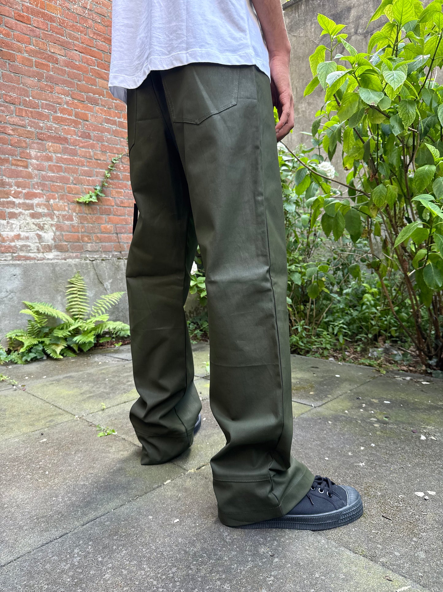 Maas Broekhuizen — Olive Waxed Denim Pants (Dries van Noten Fabric)