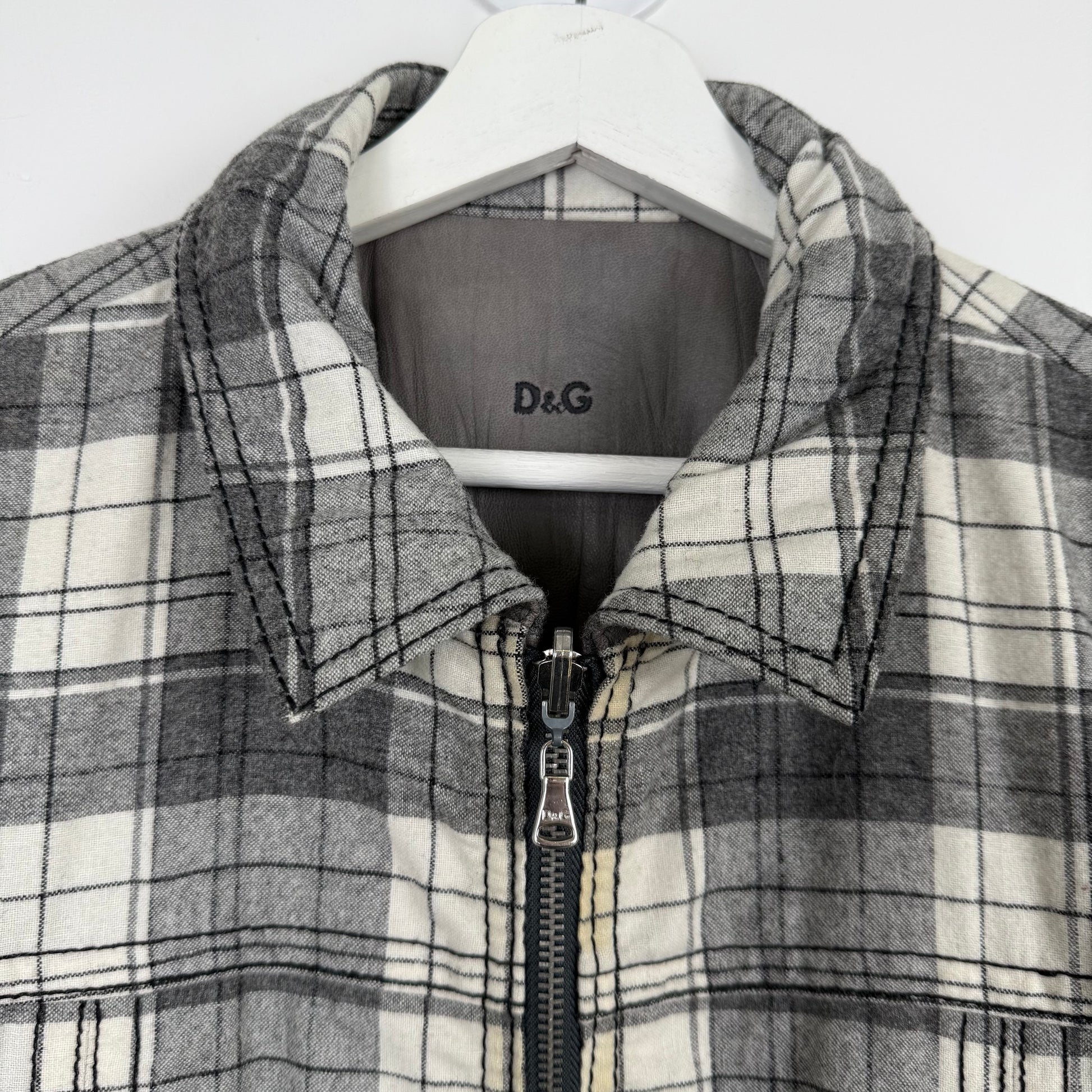 D&G Dolce & Gabbana Reversible Grey Leather & Checkered Wool Jacket