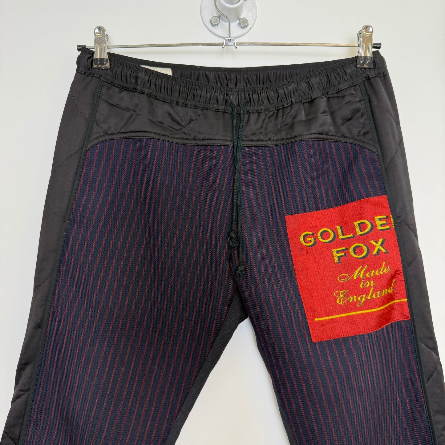 Dries van Noten broek, 2 soorten krijtstrepen, rood + grijs
