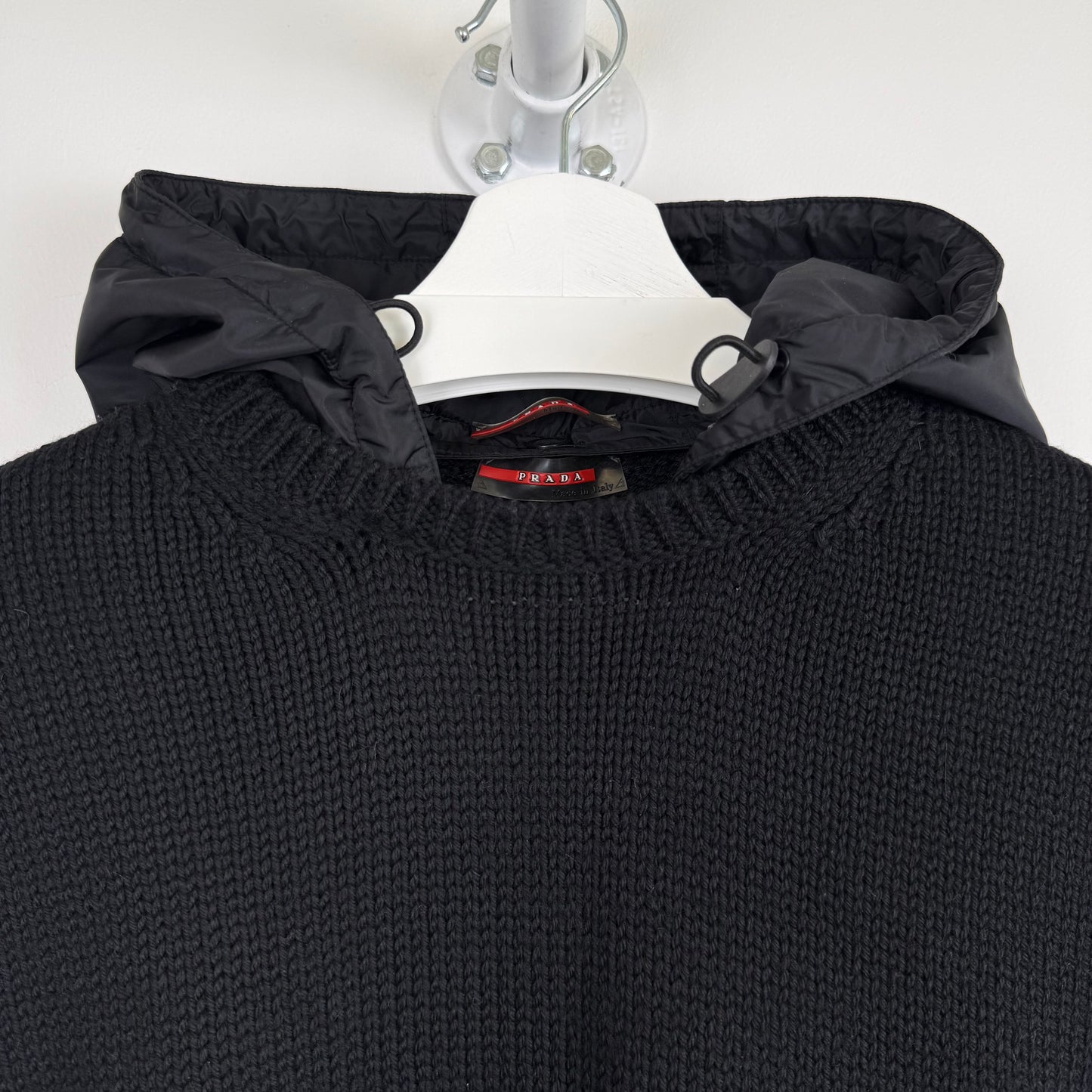 Prada Sport Detachable Hood Nylon Panel Wool Knit Sweater