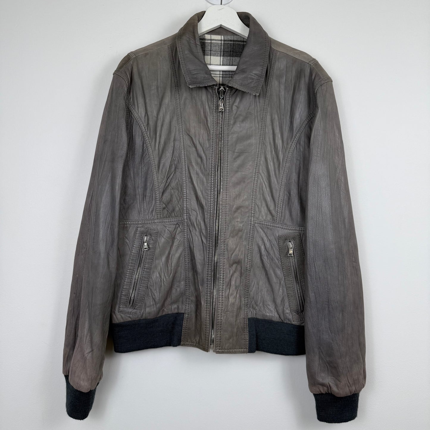 D&G Dolce & Gabbana Reversible Grey Leather & Checkered Wool Jacket