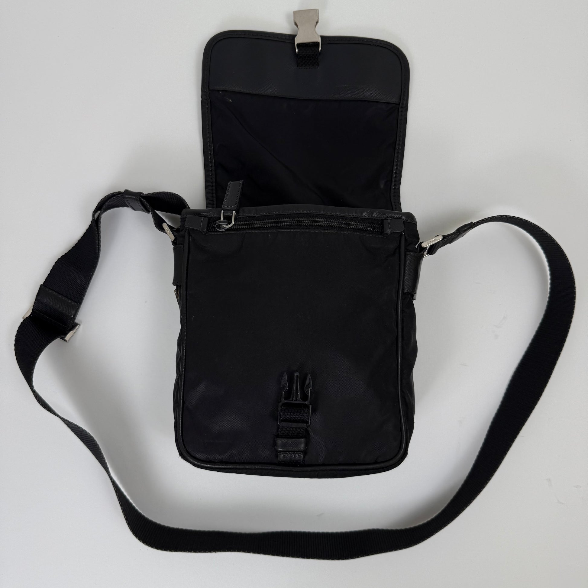 Prada Small Black Tessuto Nylon Messenger Bag with Flap (vintage)