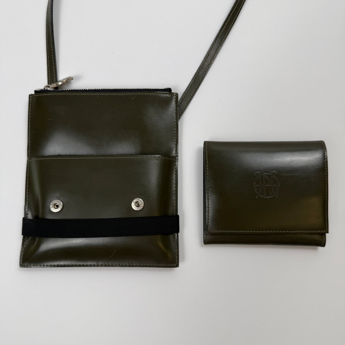 Jean Paul Gaultier Leather Crossbody Bag + Matching Wallet — Olive Green — OS