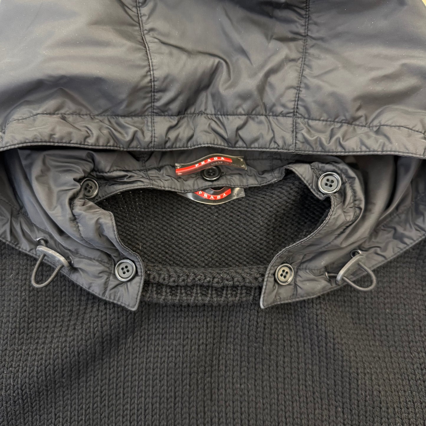 Prada Sport Detachable Hood Nylon Panel Wool Knit Sweater