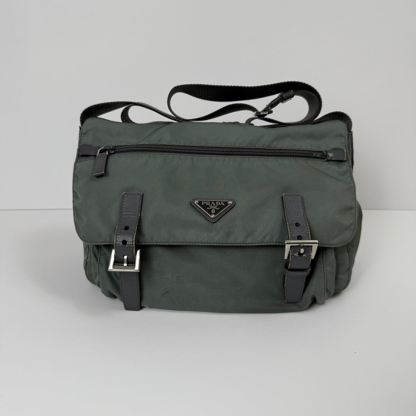 Prada Milano Nylon Buckle Messenger Bag – Charcoal Grey