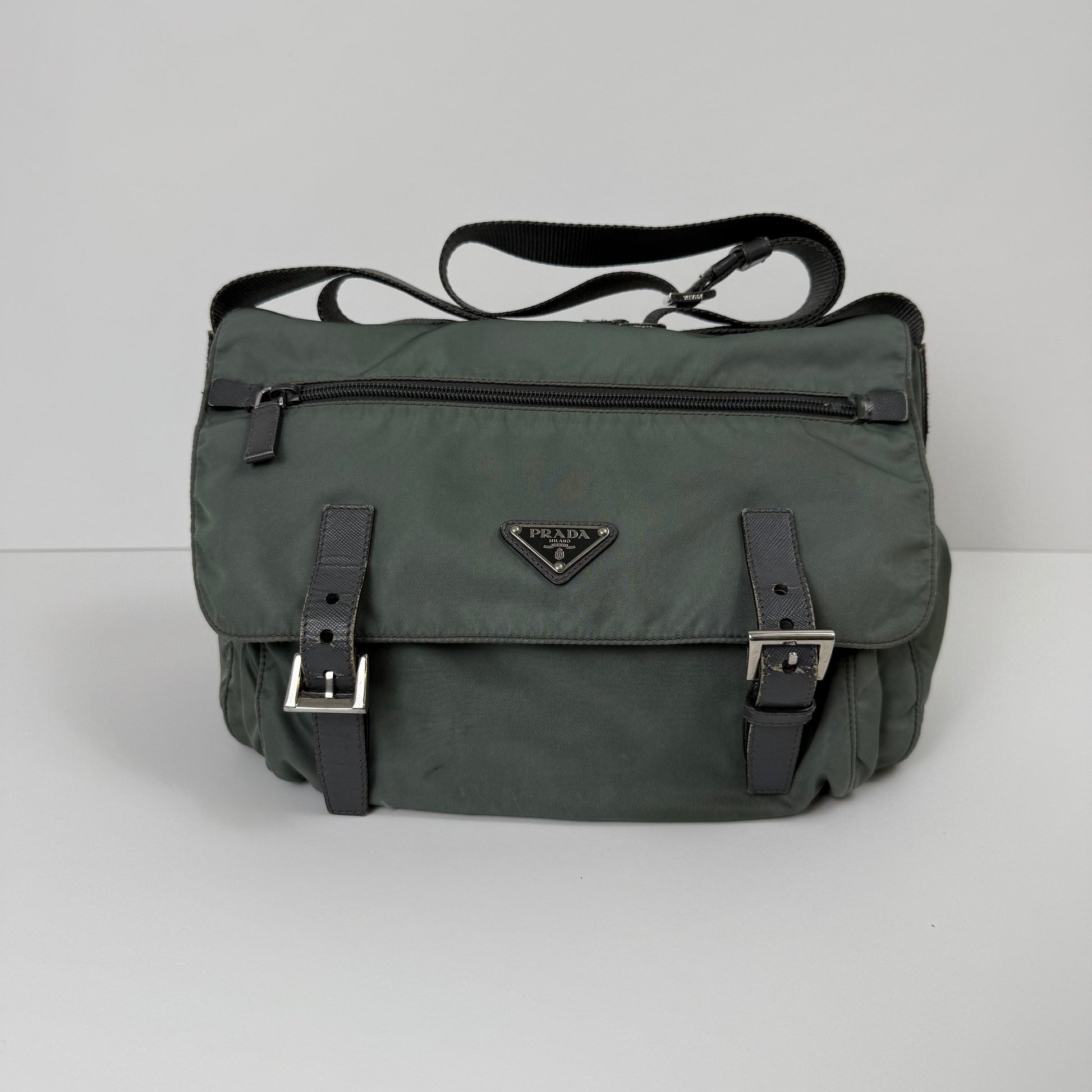 Prada Milano Nylon Buckle Messenger Bag – Charcoal Grey