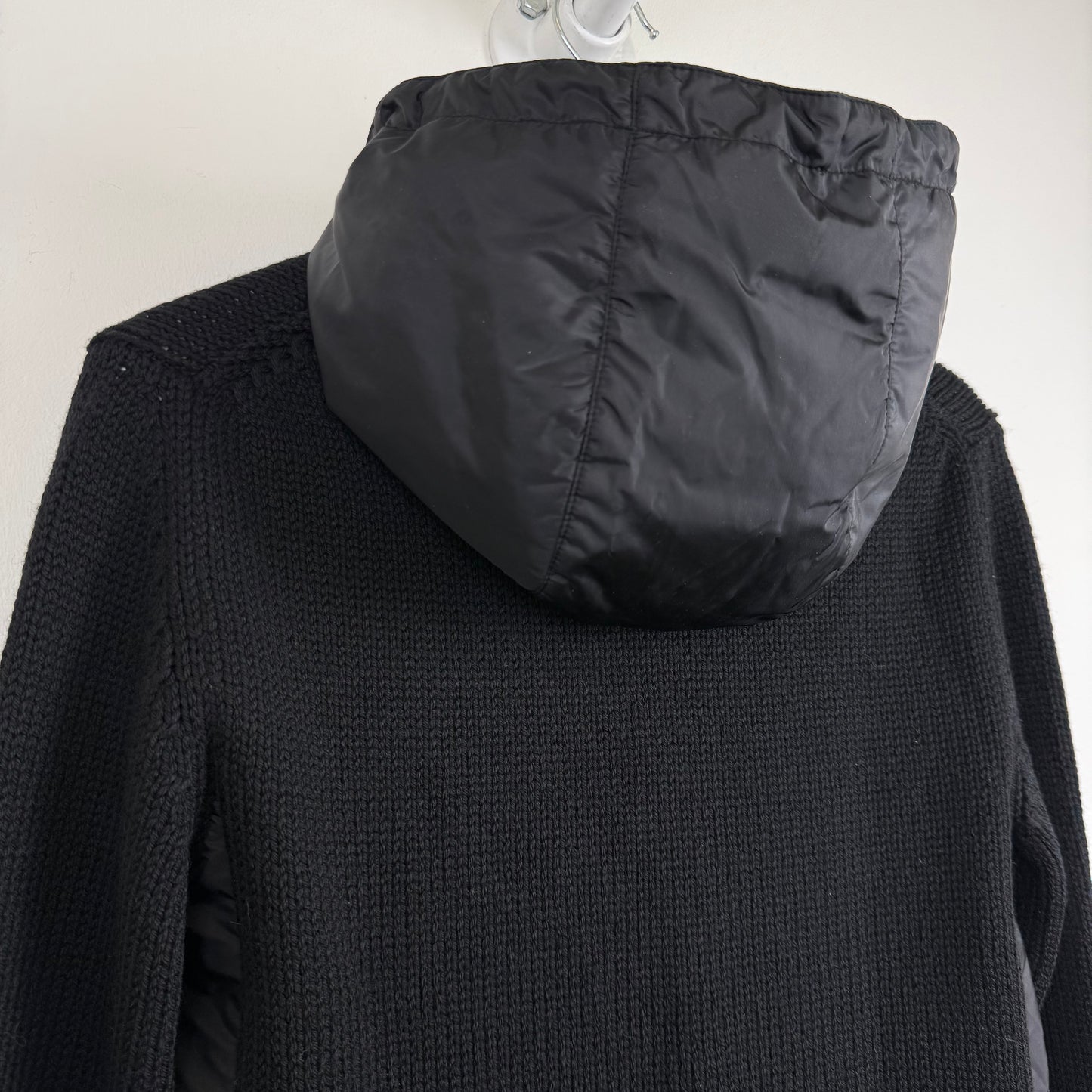 Prada Sport Detachable Hood Nylon Panel Wool Knit Sweater