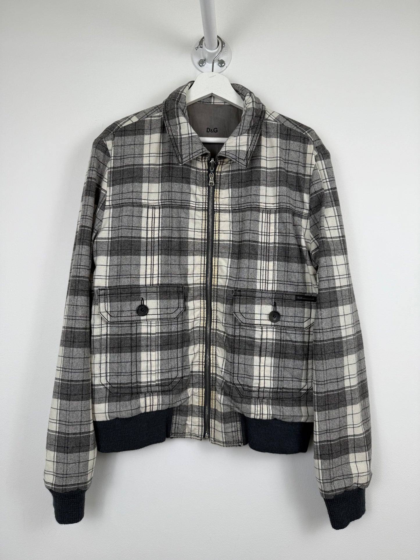 D&G Dolce & Gabbana Reversible Grey Leather & Checkered Wool Jacket