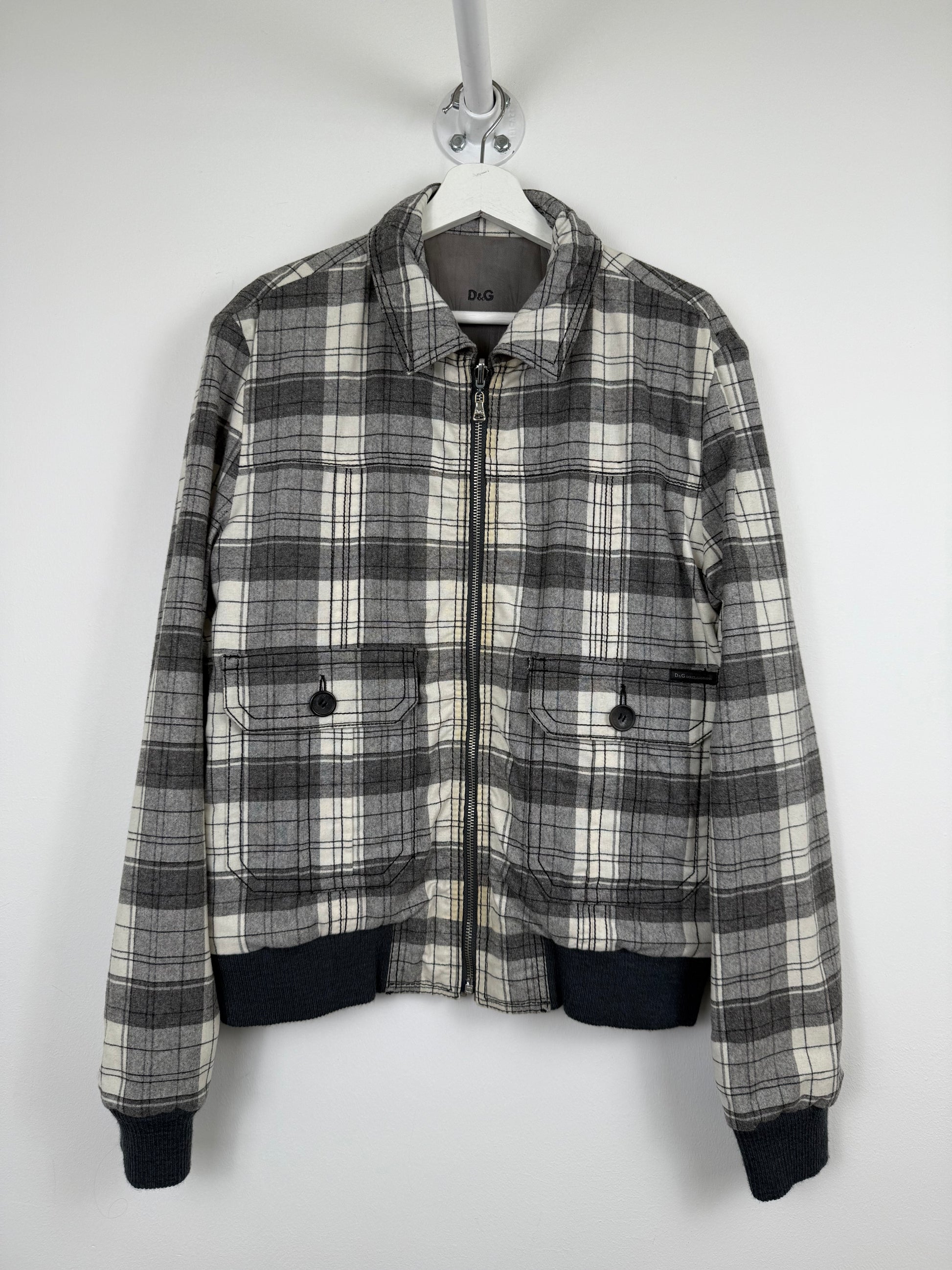 D&G Dolce & Gabbana Reversible Grey Leather & Checkered Wool Jacket