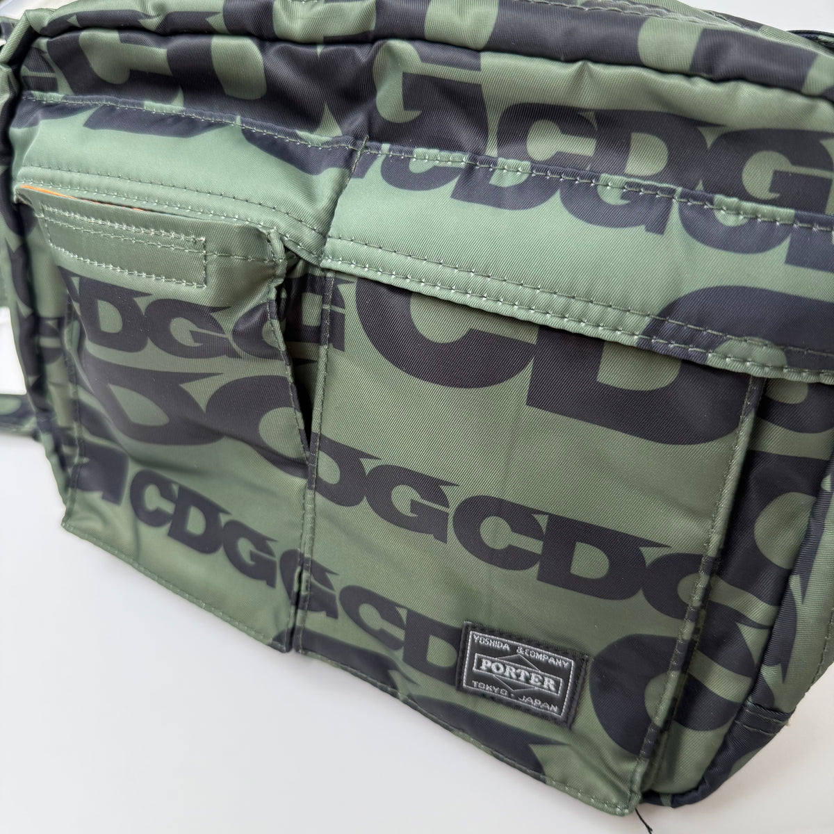 CDG x Porter (Yoshida & Co.) Logo Print Shoulder Bag — Olive/Black