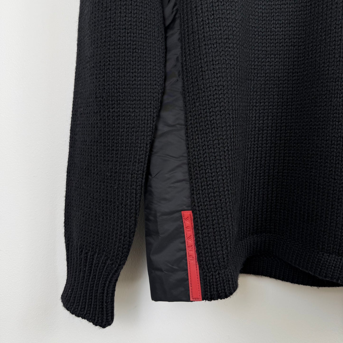 Prada Sport Detachable Hood Nylon Panel Wool Knit Sweater