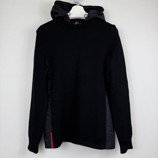 Prada Sport Detachable Hood Nylon Panel Wool Knit Sweater