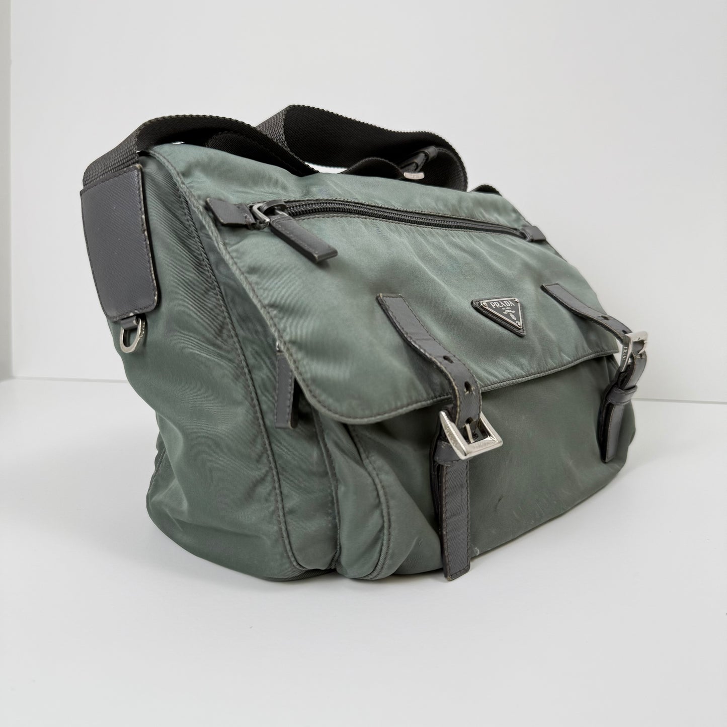Prada Milano Nylon Buckle Messenger Bag – Charcoal Grey