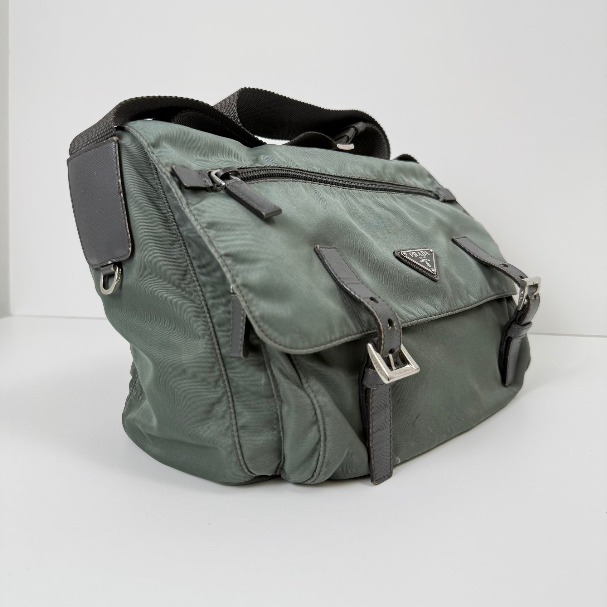 Prada Milano Nylon Buckle Messenger Bag – Charcoal Grey