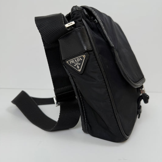 Prada Small Black Tessuto Nylon Messenger Bag with Flap (vintage)