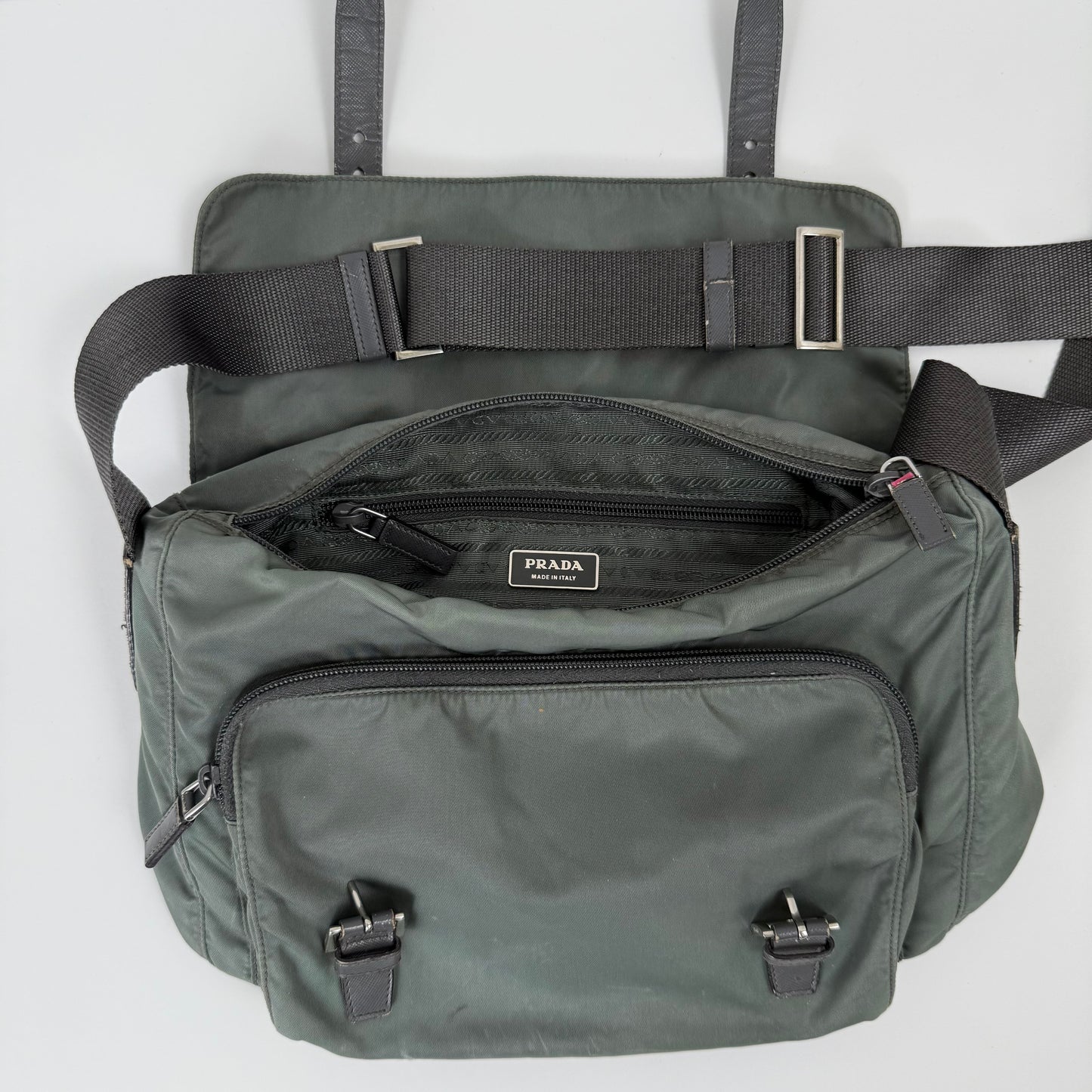 Prada Milano Nylon Buckle Messenger Bag – Charcoal Grey