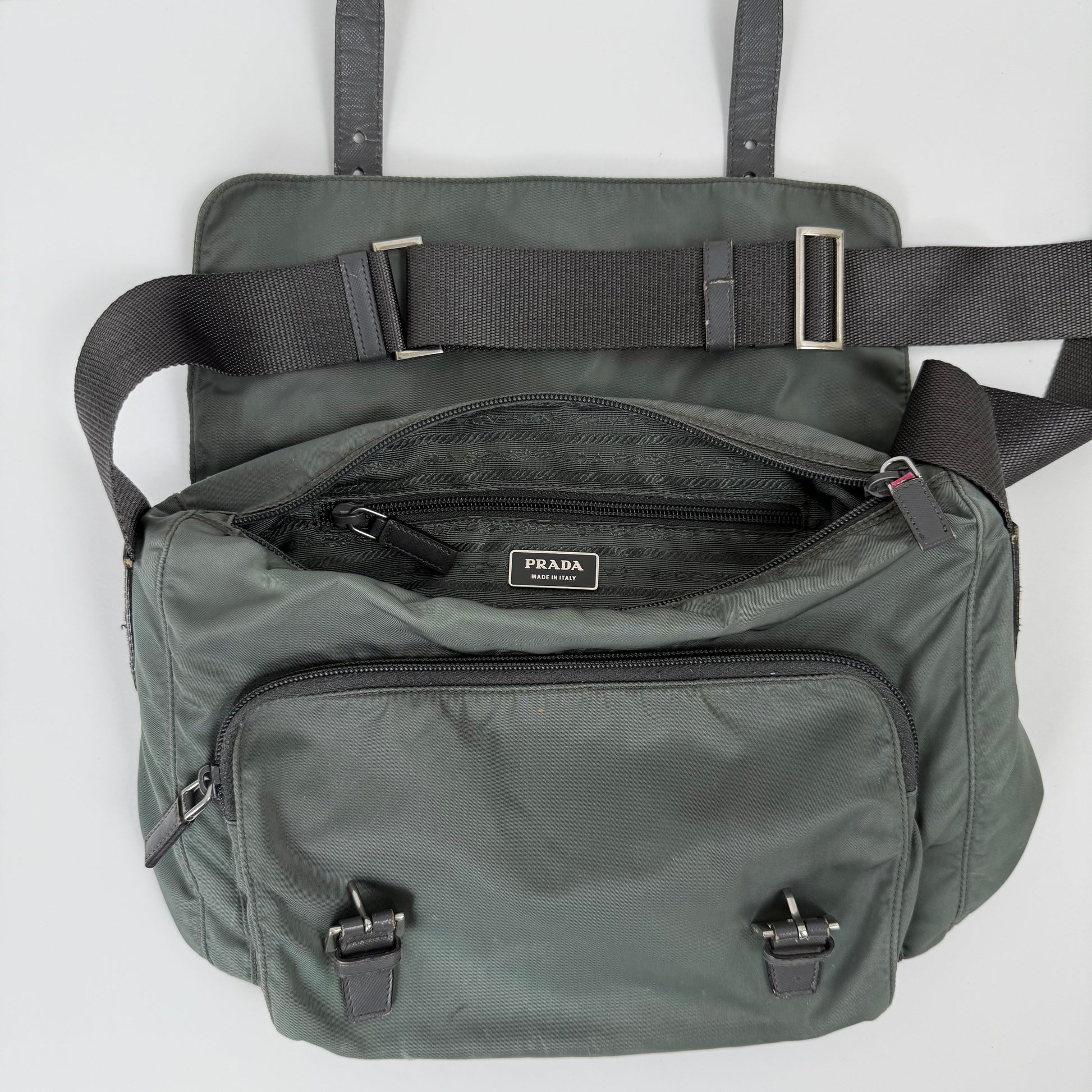 Prada Milano Nylon Buckle Messenger Bag – Charcoal Grey