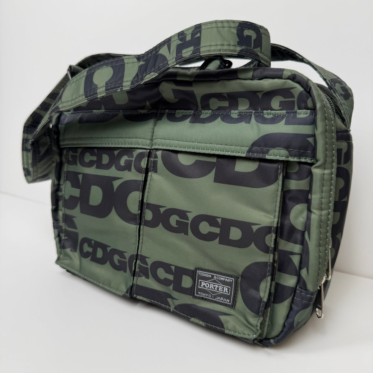 CDG x Porter (Yoshida & Co.) Logo Print Shoulder Bag — Olive/Black